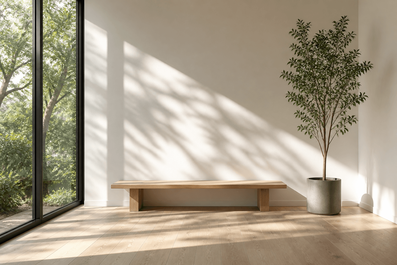 Uncluttered sunlit corner with a low wood bench and a tall plant